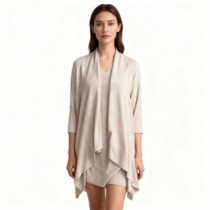 EILEEN FISHER Beige Tencel Stretch Cardigan Open Front Elbow Sleeve Sz S/M